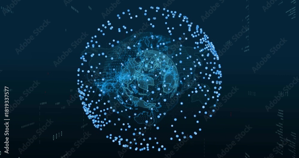 Naklejka premium Showing holo Earth globe emitting cyan wireframe and network lines in 3D space with data nodes