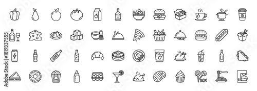 Food and drink line icon set. Vector pictograms of various ingredients, meals, beverages, and snacks, thin linear illustration.