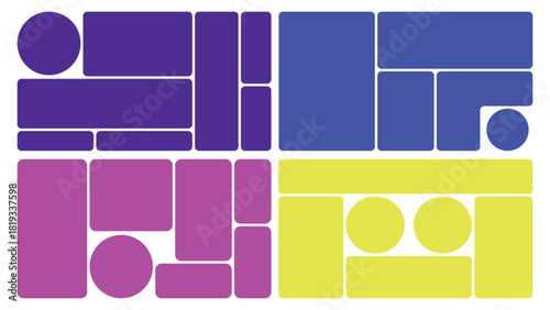 Abstract geometric shapes arranged in four color blocks creating a modern pattern design