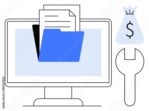 Digital file folder on a computer screen, dollar bag, and wrench visualizing financial operations, data management, and technology. Ideal for finance, data security, digital tools, cloud storage