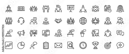 Business and communication line icon set. Vector pictograms of speaker, meeting, video conference, teamwork, chart, trophy, and mail, thin linear illustration.
