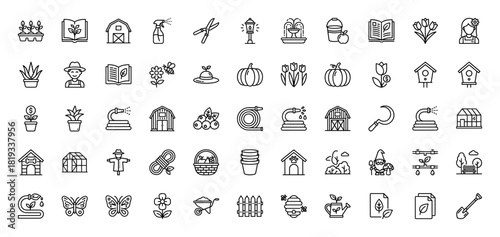 Gardening line icon set. Vector pictograms of sprayer, shears, barn, fountain, gardener, birdhouse, pumpkin, hose, greenhouse, butterfly, and shovel, thin linear illustration.