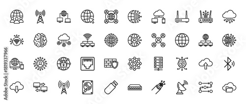Technology network line icon set. Vector pictograms of global connection, cloud computing, server, security, and data storage, thin linear illustration.
