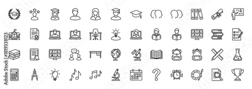 Education line icon set. Vector pictograms of students, graduates, diplomas, school, books, laptops, and study tools, thin linear illustration.
