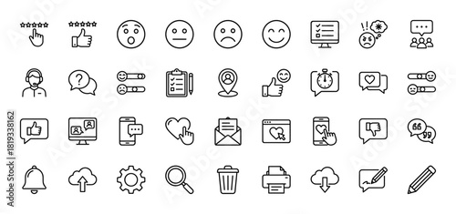 User interface line icon set. Vector pictograms of feedback, chat bubbles, emoticons, ratings, settings, and office elements, thin linear illustration.