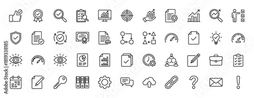 Business and analytics line icon set. Vector pictograms of targets, charts, documents, security, processes, communication, and finance, thin linear illustration.