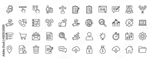 Business feedback and user interface line icon set. Vector pictograms of checklists, ratings, chat bubbles, search, settings, and documents, thin linear illustration.