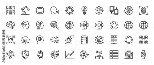 Artificial intelligence line icon set. Vector pictograms of brain, robot, binary, chip, cloud, globe, fingerprint, VR, and drone, thin linear illustration.