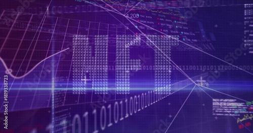 Displaying dotted IPO lettering in virtual dashboard, showing binary, graphs, candlesticks