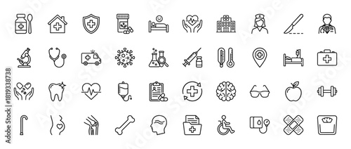 Medical line icon set. Vector pictograms of heart health, medicine, hospital, ambulance, doctor, nurse, virus, syringe, tooth, brain, patient, and medical tools, thin linear illustration.