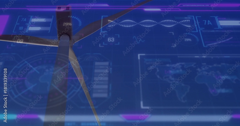 Naklejka premium Monitoring wind turbine hub and blades in virtual dashboard, showing radar, charts, readouts