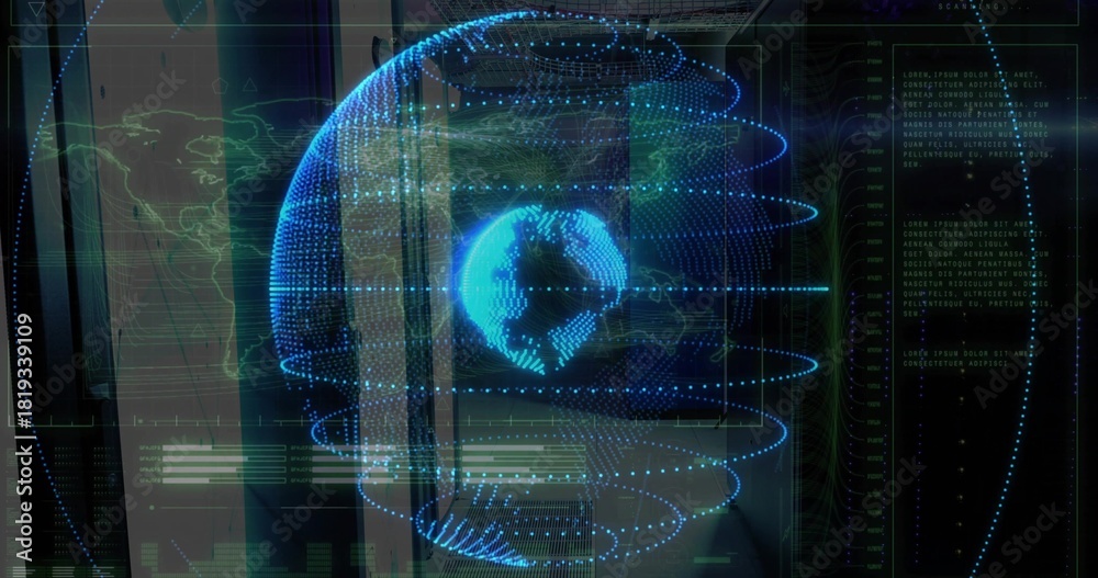 Obraz premium Projecting holographic point-cloud globe showing orbital rings in dark control room, with telemetry