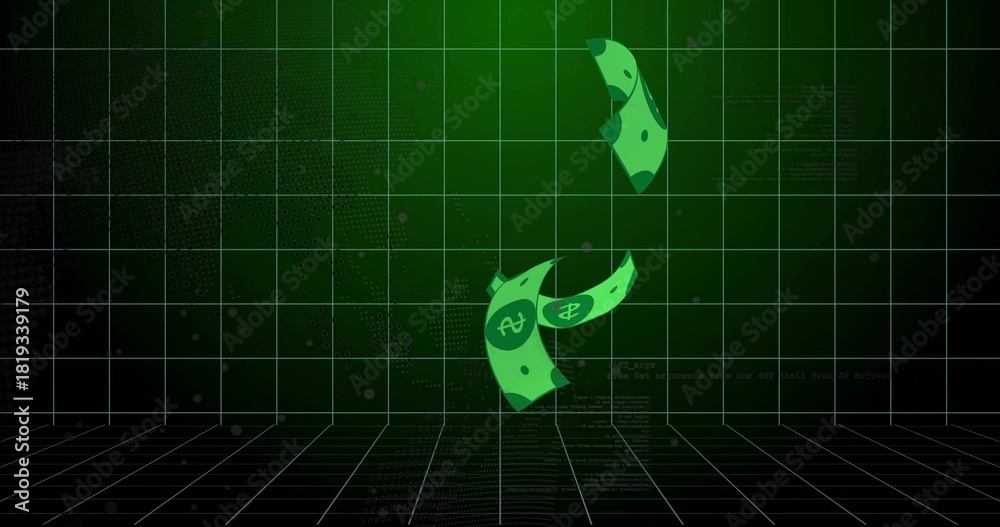 Naklejka premium Twisting three stylized green banknotes falling above grid floor and tiled wall, showing code dots