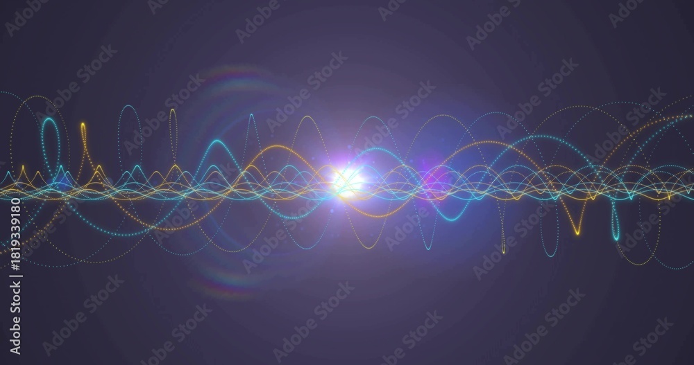 Naklejka premium Pulsing band of colorful waveforms weaving across studio, emitting lens flare and halo rings