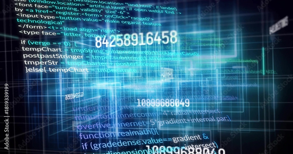 Fototapeta premium Glowing central data cluster streaming code and numeric overlays in navy virtual grid with planes