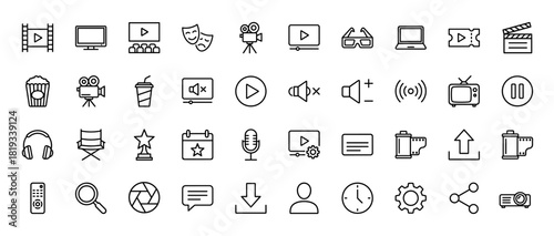 Media and entertainment line icon set. Vector pictograms of film reel, cinema screen, 3D glasses, movie camera, clapperboard, popcorn, headphones, play button, thin linear illustration.