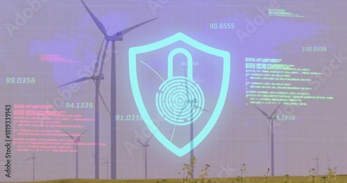 Showing HUD shield with padlock print over wind turbines on grass plain, showing code readouts