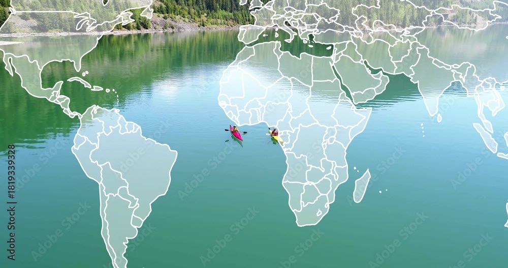 Fototapeta premium Paddling two kayakers across calm green lake with colorful kayaks, life jackets, world map overlay