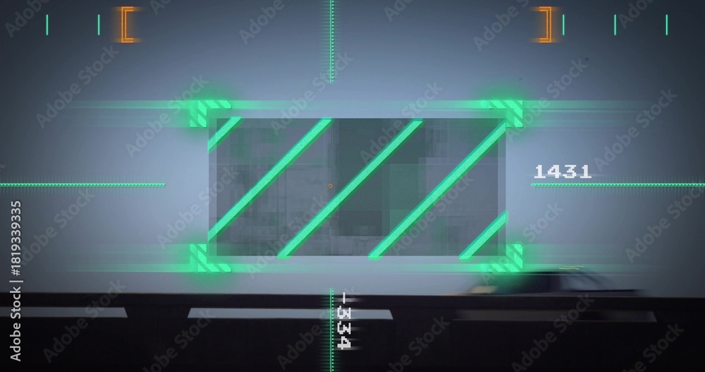 Fototapeta premium Showing centered rectangular panel displaying neon-green HUD on concrete wall, with blurred vehicle