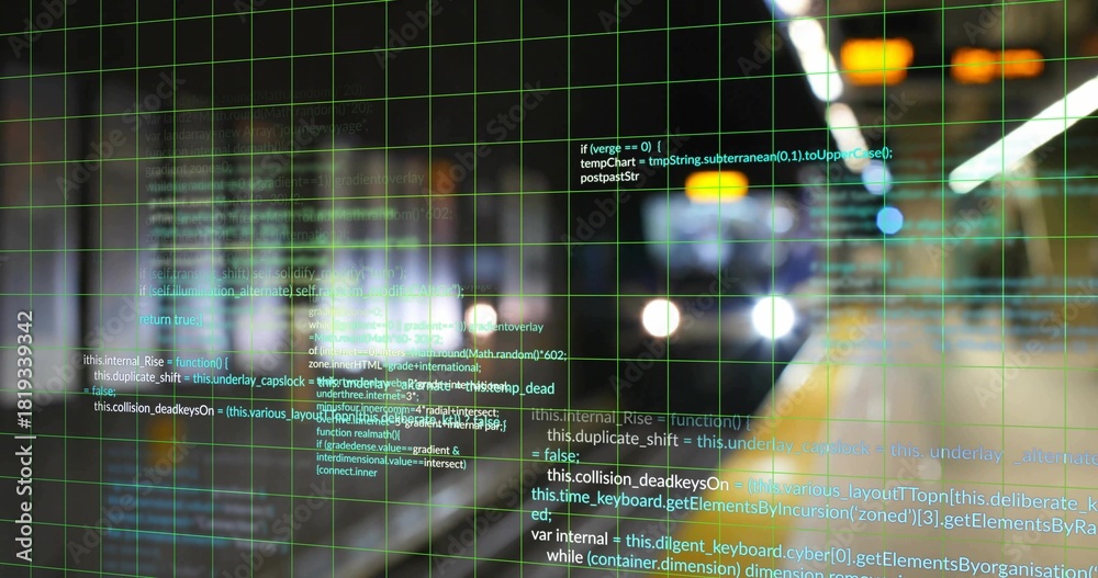 Fototapeta premium Displaying faint green grid overlay with floating code in subway tunnel, twin headlights glaring