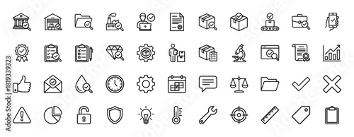 Quality control line icon set. Vector pictograms of box inspection, document verification, factory audit, warehouse, certificate, checklist, and charts, thin linear illustration.