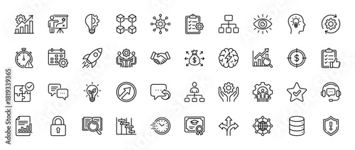 Business and technology line icon set. Vector pictograms of strategy, innovation, analytics, collaboration, finance, and planning, thin linear illustration.