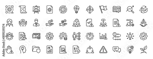 Business management line icon set. Vector pictograms of strategy, collaboration, ideas, documents, finance, security, analysis, and process, thin linear illustration.