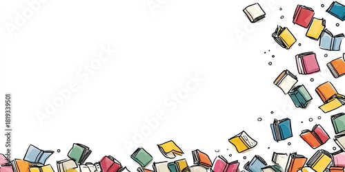 Illustration with floating, colorful books scattered at top right and bottom left