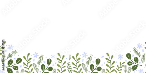 Green foliage and snowflakes create a festive winter background with mistletoe and pine elements