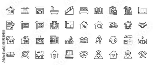 Real estate line icon set. Vector pictograms of house, apartment, for rent, for sale, blueprint, contract, keys, family, floor plan, sofa, kitchen, tools, smart home, thin linear illustration.