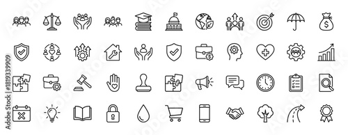 Universal concepts line icon set. Vector pictograms of people, scales, money, shield, globe, briefcase, chart, lightbulb, smartphone, lock, book, thin linear illustration.