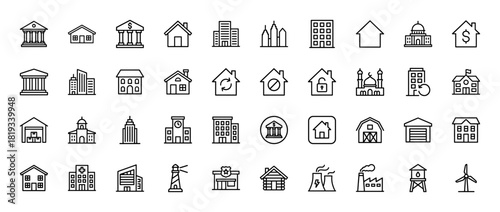 Architecture and infrastructure line icon set. Vector pictograms of banks, houses, skyscrapers, hospitals, police stations, lighthouses, and factories, thin linear illustration.