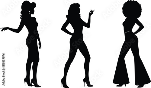 Fashion silhouette trio, stylish female figures, high heels, distinct hairstyles, black on white, pose variety, modern outfit, body posture, elegance, trend icon