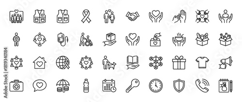 Charity, volunteering, and social support line icon set. Vector pictograms of heart, handshake, ribbon, vest, wheelchair, food box, donation, and global aid, thin linear illustration.