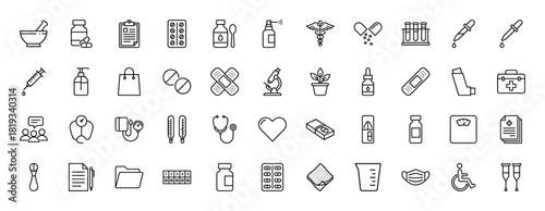 Medical line icon set. Vector pictograms of caduceus, mortar, pill bottle, syringe, stethoscope, thermometer, first aid kit, wheelchair, crutches, and stretcher, thin linear illustration.