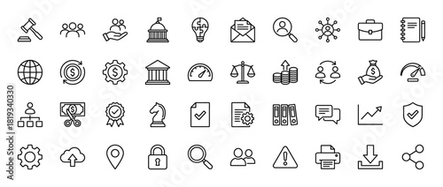 Business and finance line icon set. Vector pictograms of government building, money bag, scales, globe, briefcase, chart, and padlock, thin linear illustration.