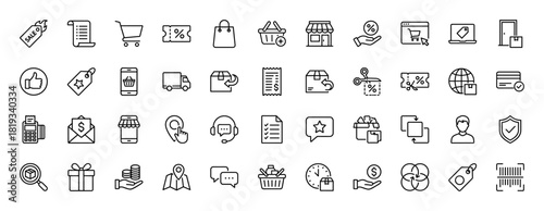 E-commerce and retail line icon set. Vector pictograms of store, shopping bag, cart, receipt, delivery, discount, payment, customer support, and package tracking, thin linear illustration.