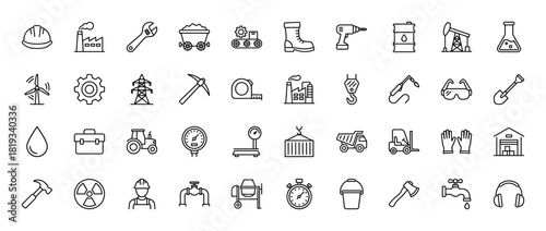 Industry and construction line icon set. Vector pictograms of factory, tools, heavy equipment, safety gear, and workers, thin linear illustration.