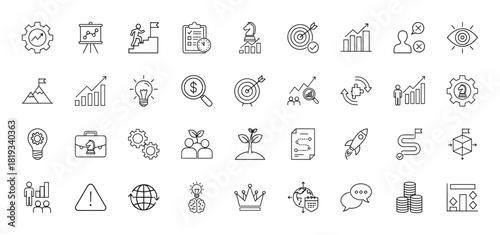 Business strategy line icon set. Vector pictograms of chess knight, charts, targets, lightbulbs, gears, rocket, sprouts, and coins, thin linear illustration.
