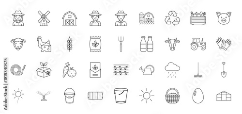 Agriculture line icon set. Vector pictograms of barn, farmers, wheat, tractor, animals, tools, and garden produce, thin linear illustration.