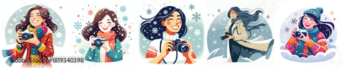 a woman holding a camera in the snow