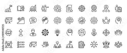 Business and strategy line icon set. Vector pictograms of target, growth, goals, teamwork, ideas, tasks, progress, awards, and corporate development, thin linear illustration.