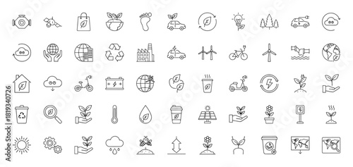 Ecology and environment line icon set. Vector pictograms of nature, renewable energy, recycling, sustainability, and eco-friendly solutions, thin linear illustration.