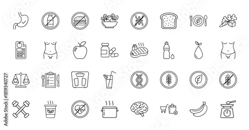 Diet and wellness line icon set. Vector pictograms of salad, apple, stomach, pills, dumbbells, weight scale, water, and meal plan, thin linear illustration.