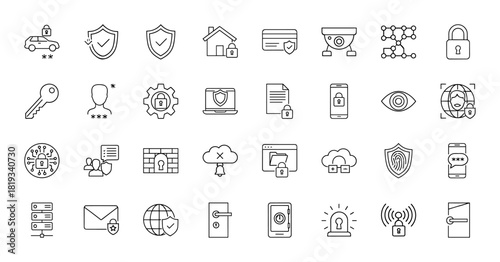 Digital security and data protection line icon set. Vector pictograms of padlock, shield, key, camera, card, user, document, cloud, and network, thin linear illustration.