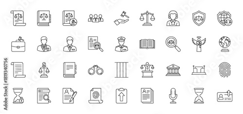 Legal and justice line icon set. Vector pictograms of scales, judge, gavel, law book, officer, lawyer, documents, handcuffs, courthouse, fingerprint, globe, shield, thin linear illustration.