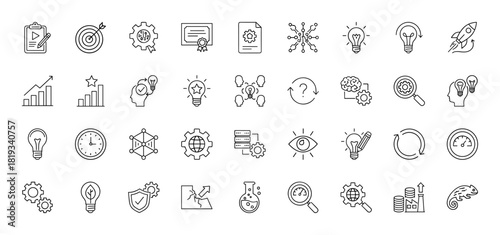 Innovation and business strategy line icon set. Vector pictograms of lightbulb, gears, target, rocket, brain, bar chart, magnifying glass, cloud, and chameleon, thin linear illustration.