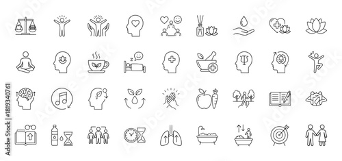 Self-care and well-being line icon set. Vector pictograms of human figures, lotus flowers, brain, heart, meditation, sleep, scales, tea cup, and hourglass, thin linear illustration.