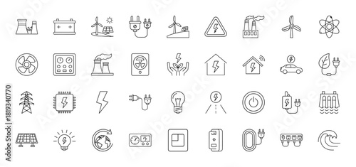 Energy, electricity, and power line icon set. Vector pictograms of wind turbines, solar panels, electric plugs, power plants, lightbulbs, and batteries, thin linear illustration.