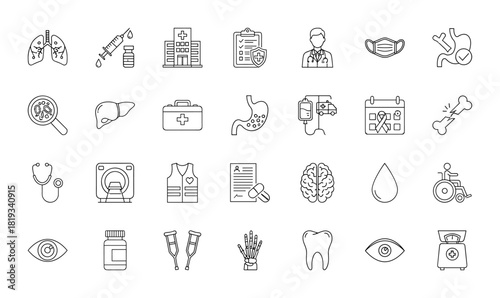 Healthcare and medicine line icon set. Vector pictograms of hospital, mask, syringe, doctor, lungs, ambulance, stethoscope, brain, and DNA, thin linear illustration.